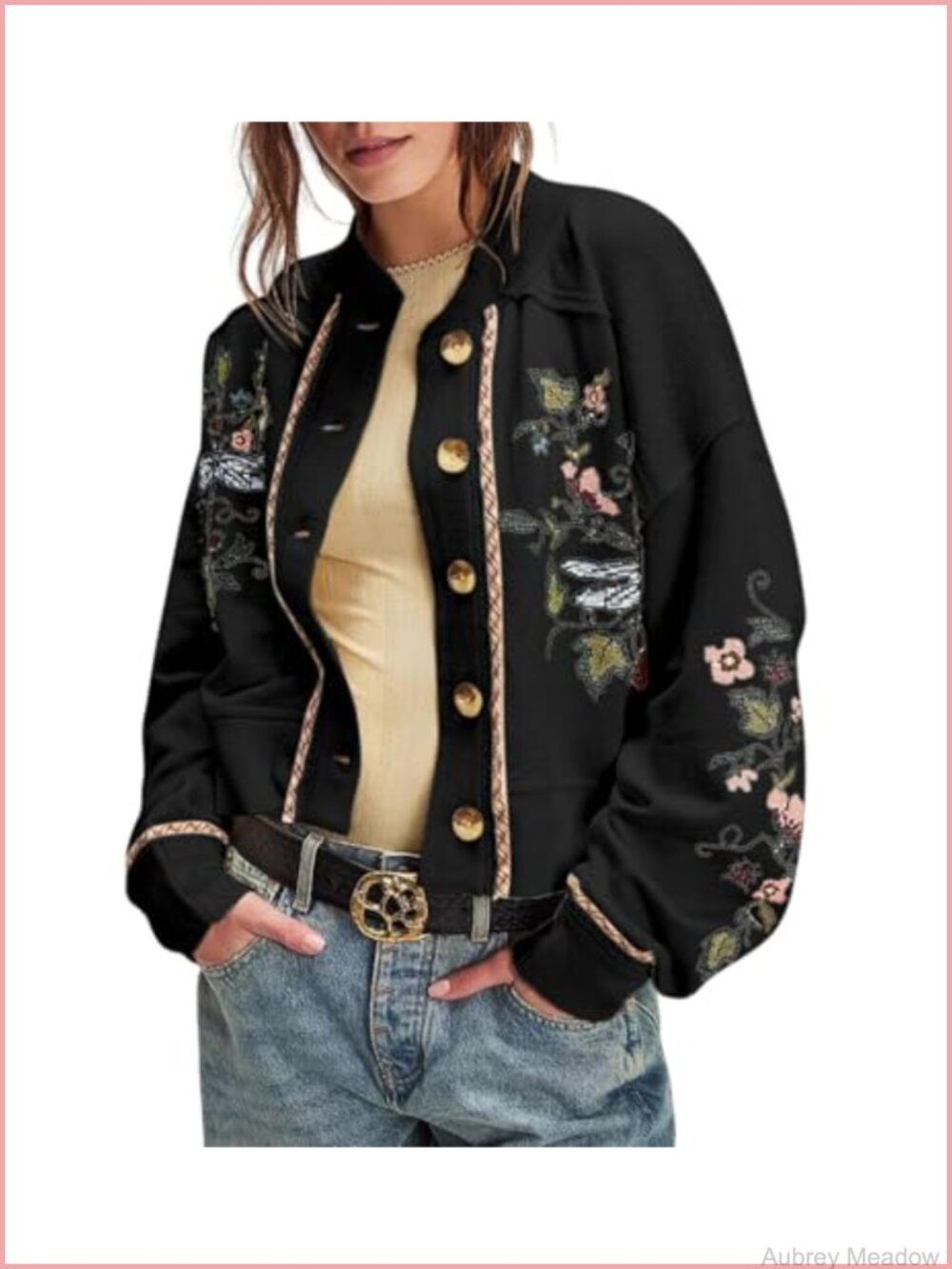 Women's Embroidered Button Down Crop Cardigan Sweatshirt Y2K Retro Boho Knit